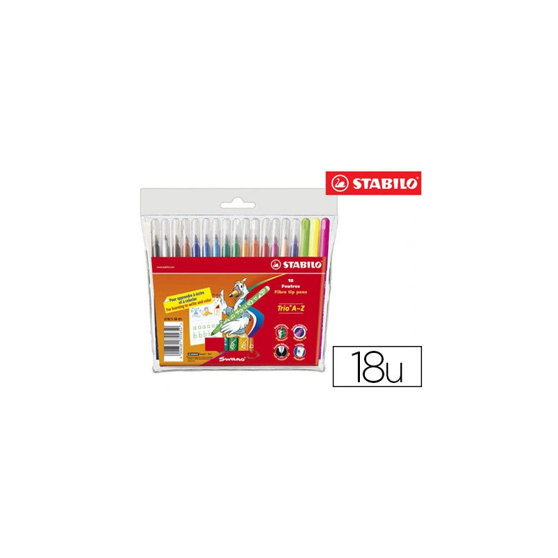 Feutre coloriage stabilo trio triangulaire encre super lavable pointe moyenne pochette 18 unités + 3 fluos