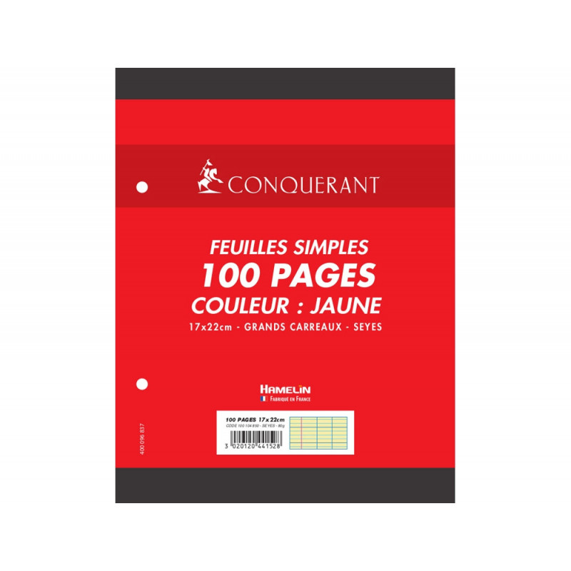 Feuillet mobile conquérant a5+ 170x220mm 100 pages 80g séyès perforé coloris jaune