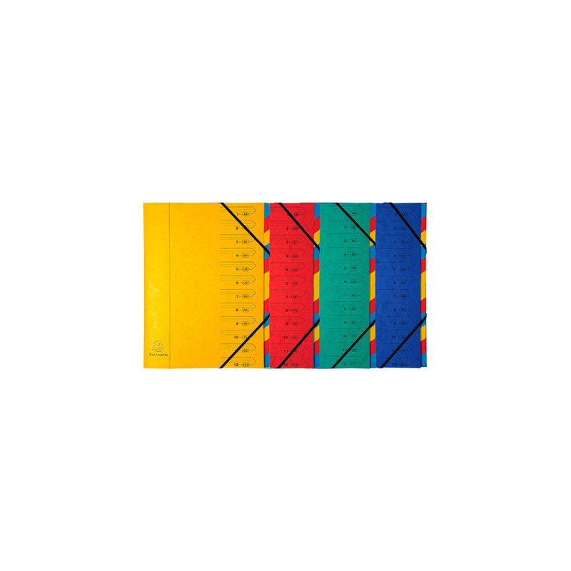Trieur exacompta carte lustrée 355g a4+ 245x322mm dos agrafé 12 compartiments couverture imprimée 4 coloris assortis
