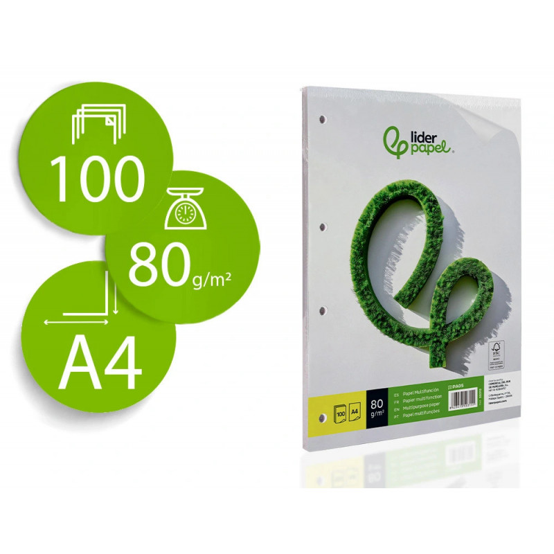 Papier écriture liderpapel a4 210x297mm blancheur extra opacité 80g/m2 paquet 100 feuilles 4 trous