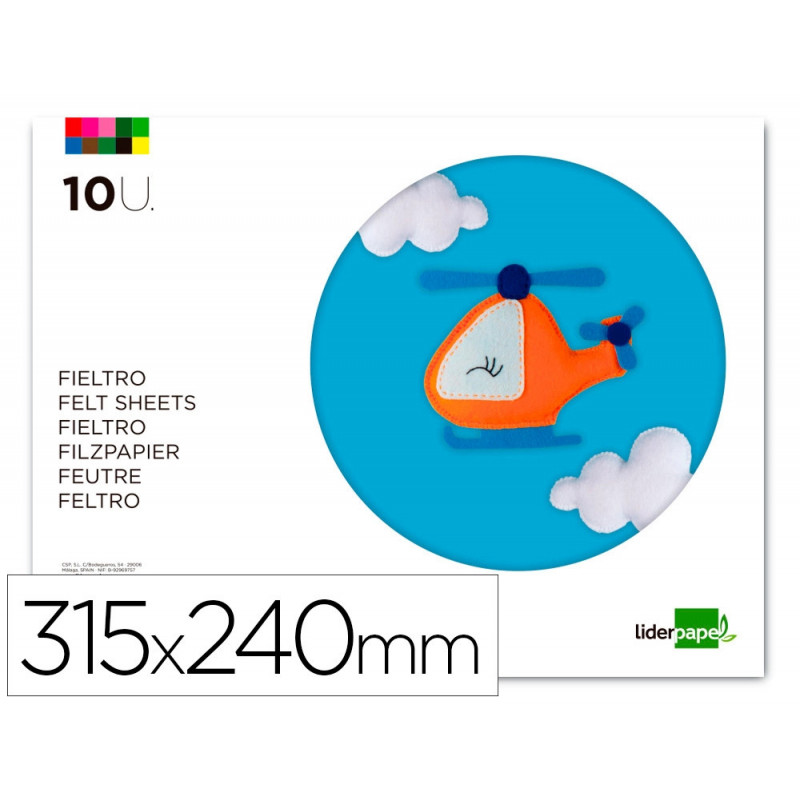 Feutrine liderpapel a4+ 240x315mm 180g épaisseur 1.5mm coloris assortis bloc 10 plaques