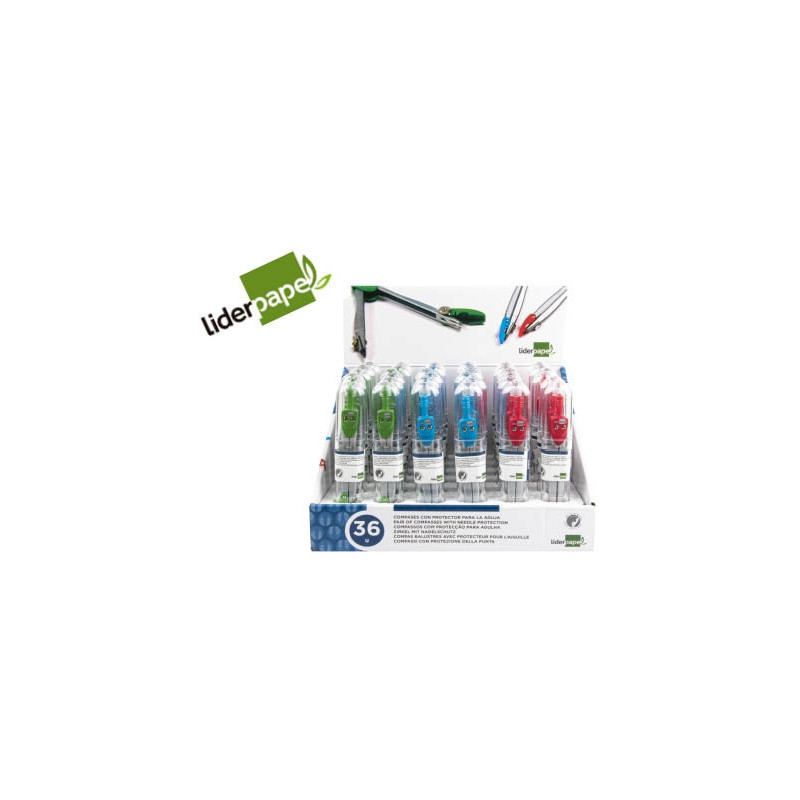 Compas liderpapel scolaire circonférence 34cm longueur 11.5cm protecteur pointe mine 2mm coloris assortis étui plastique