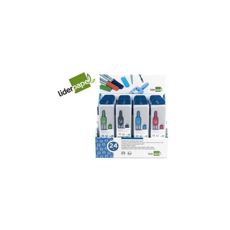 Compas liderpapel scolaire circonférence 36cm longueur 12cm protecteur pointe mine 2mm coloris assortis étui plastique