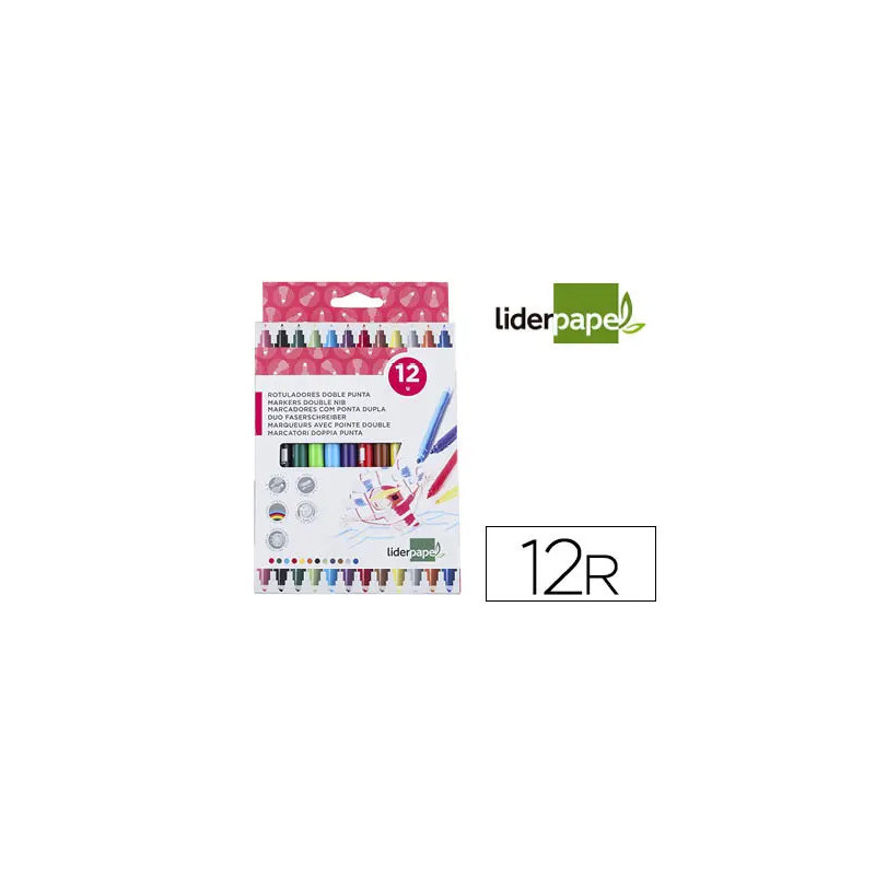 Feutre coloriage liderpapel duo 2 pointes fibre 5mm et 2.5mm longueur écriture 800m boîte carton 12 unités