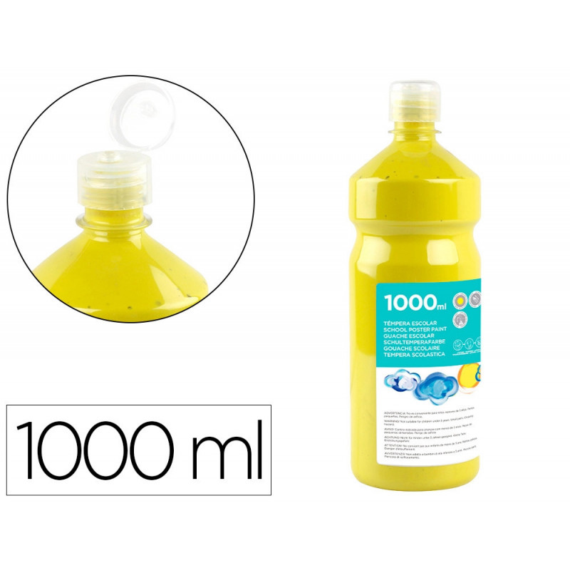 Gouache scolaire liderpapel liquide lavable fermeture sécurité brillante coloris jaune citron flacon 1000ml