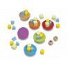 Jeu en bois equilibry contenant 6 demi-boules de 6 couleurs 45 pions de trois formes 1 dé à couleurs 1 dé à formes
