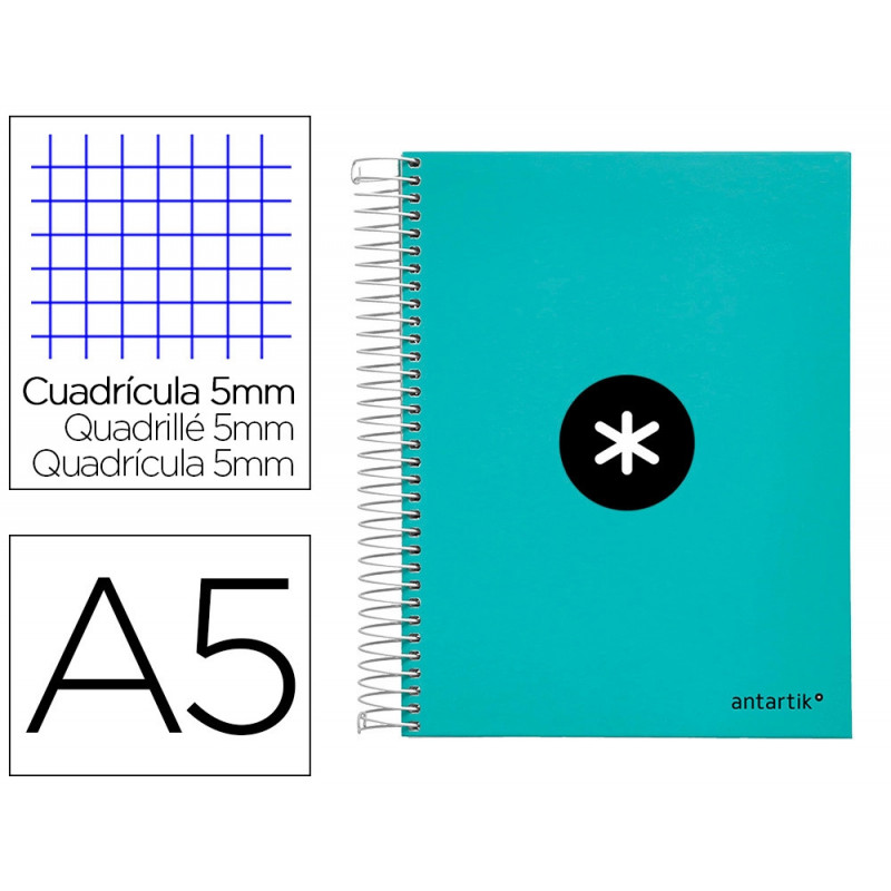 Cahier spirale antartik a5 240p 90g remborde quadrillage 5mm microperfore 5 bandes 6 trous coloris menthe