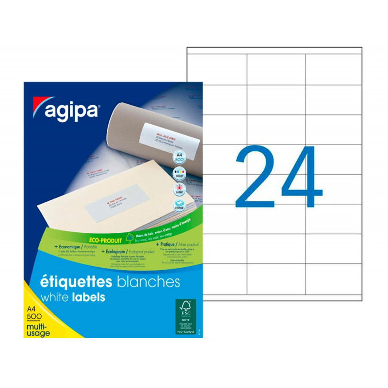 Étiquette adhésive apli agipa multi-usage 70x35mm coins droits boîte 12000 unités 500 feuilles