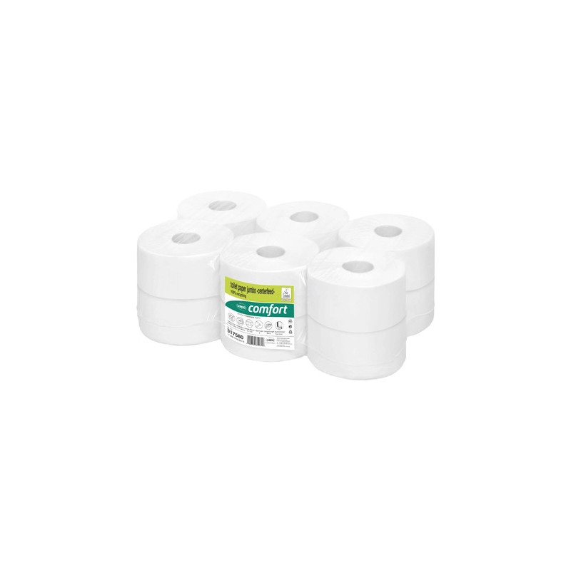 Papier hygiénique jumbo 180m center feed ouate blanche recyclée écolabel 2 plis rouleau 720 feuilles paquet 12 rouleaux