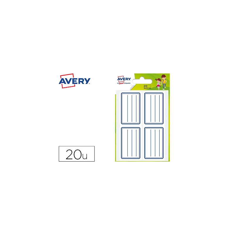 Étiquette scolaire avery lignes bleues adhésif permanent 36x56mm sachet 20 unités