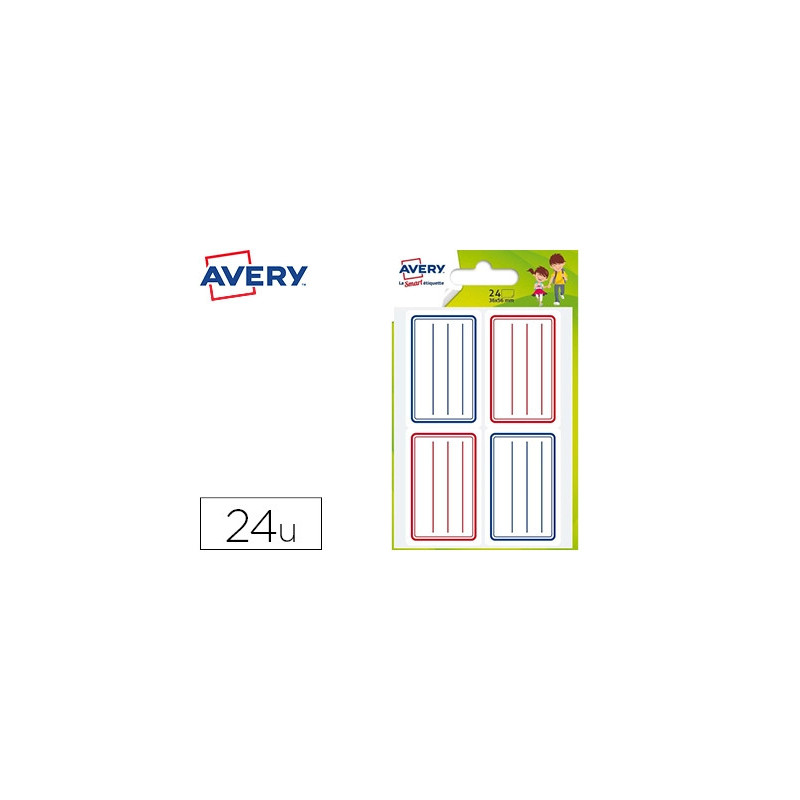 Étiquette scolaire avery lignes bleues et rouges adhésif permanent 36x56mm sachet 24 unités