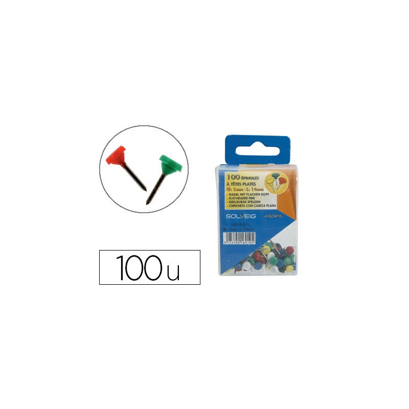 Épingle sign tête plate diamètre 5mm hauteur 14mm coloris asortis boîte distributrice 100 unités