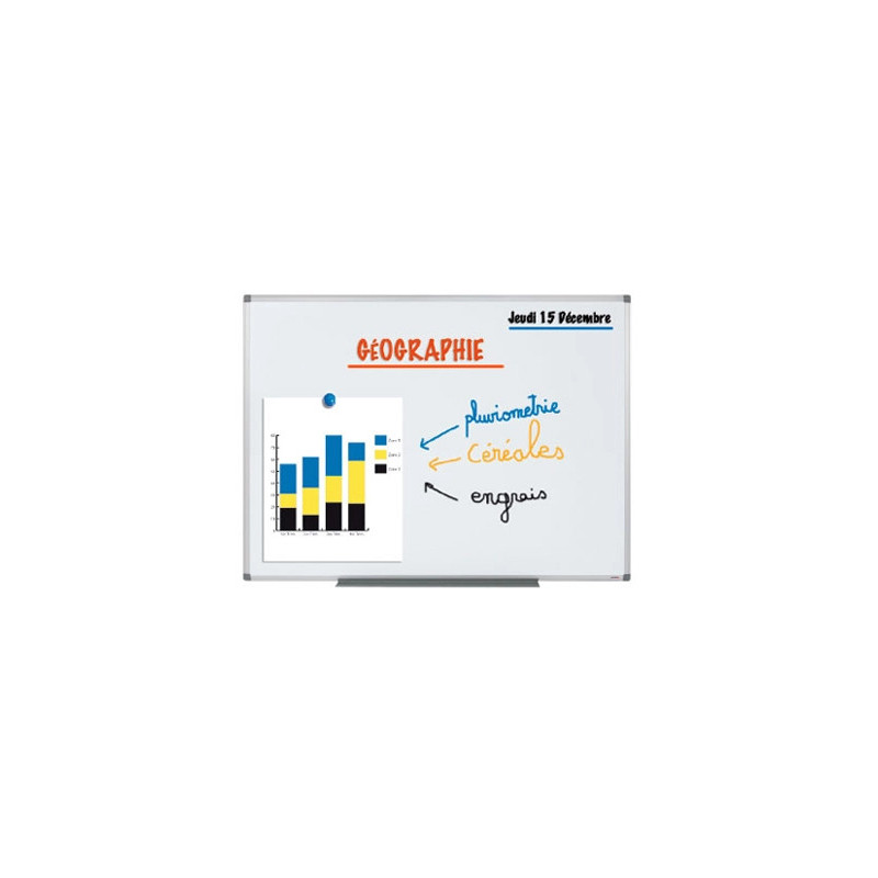 Tableau blanc juvénilia émaillé magnétique ultra résistant tôle acier lisse auget 30cm kit fixation inclus 100x150cm