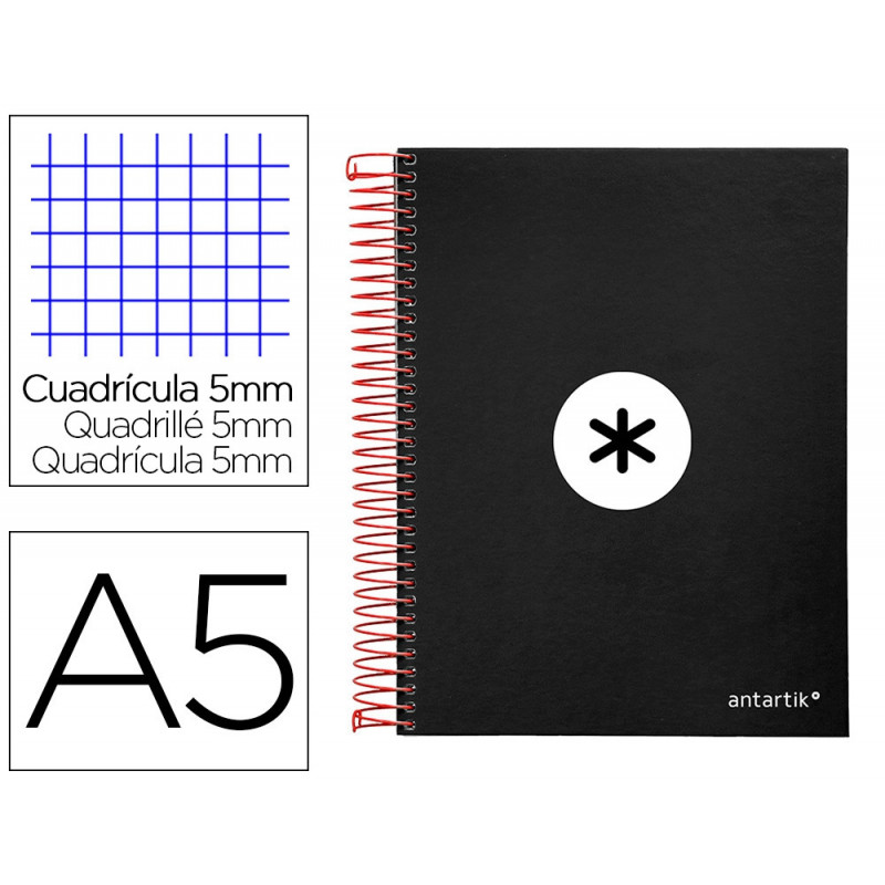 Cahier spirale antartik a5 240p 90g couverture rembordee quadrillage 5mm 6 trous coil-lock coloris noir