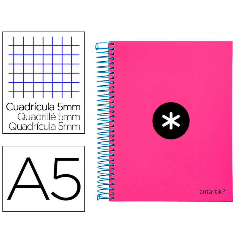 Cahier spirale antartik a5 240p 90g couverture rembordee quadrillage 5mm 6 trous coil-lock coloris rose fluo