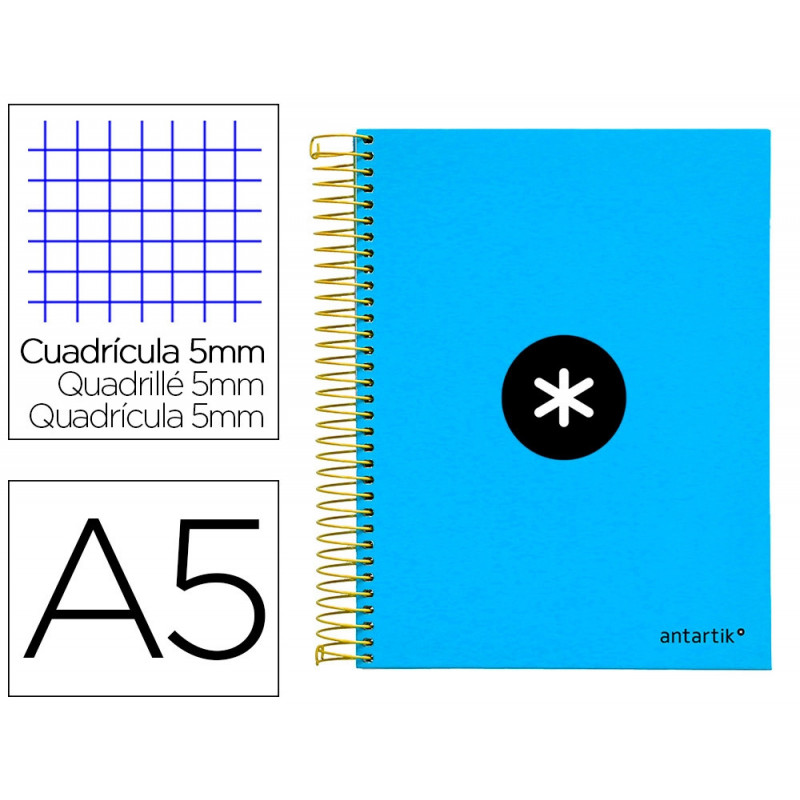 Cahier spirale antartik a5 240p 90g couverture rembordee quadrillage 5mm 6 trous coil-lock coloris bleu