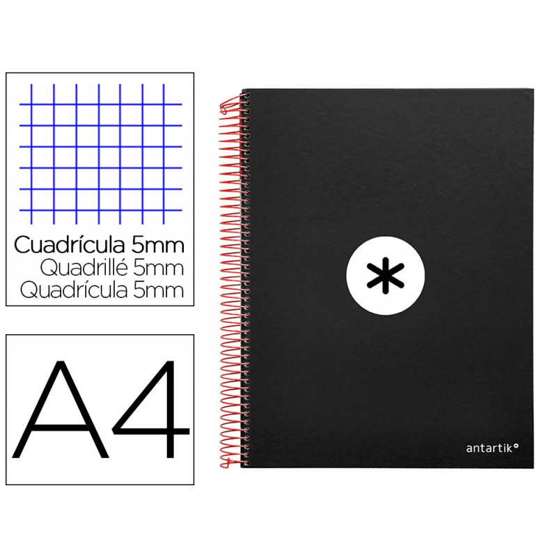 Cahier spirale antartik a4 240p 90g couverture rembordee quadrillage 5mm 4 trous coil-lock coloris noir