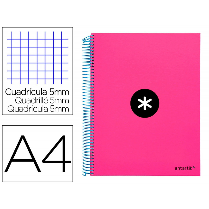 Cahier spirale antartik a4 240p 90g couverture rembordee quadrillage 5mm 4 trous coil-lock coloris rose fluo