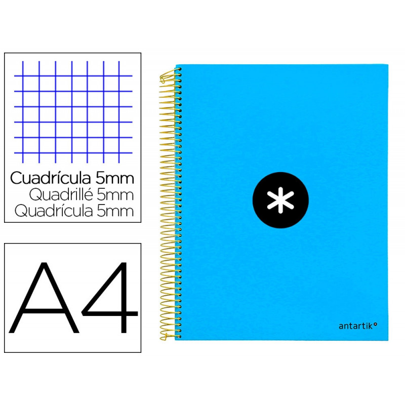 Cahier spirale antartik a4 240p 90g couverture rembordee quadrillage 5mm 4 trous coil-lock coloris bleu