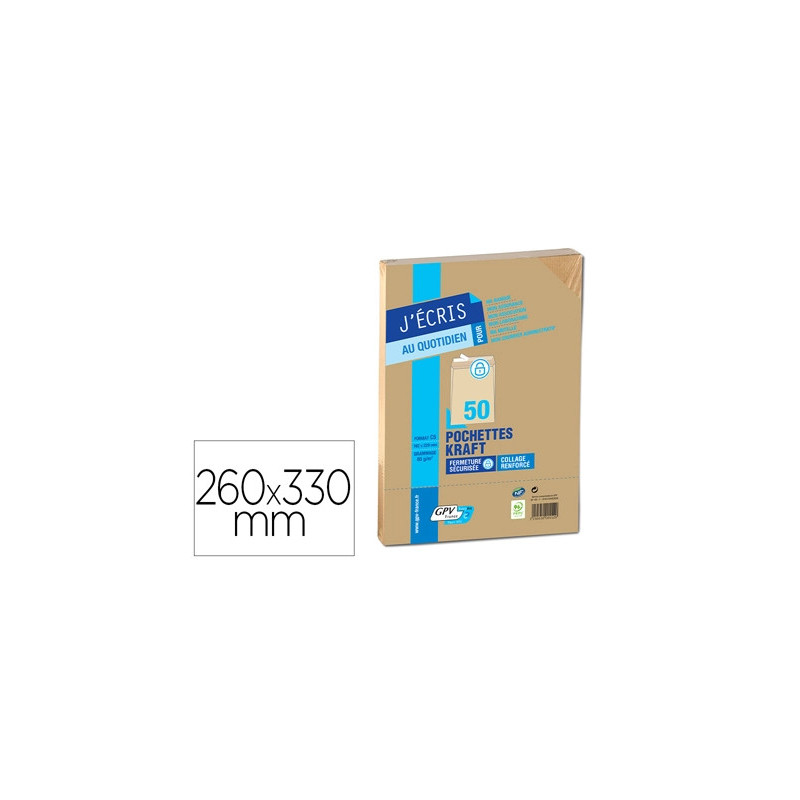 Pochette gpv kraft brun 90g silencieux auto-adhésive 260x330mm sachet 50 unités