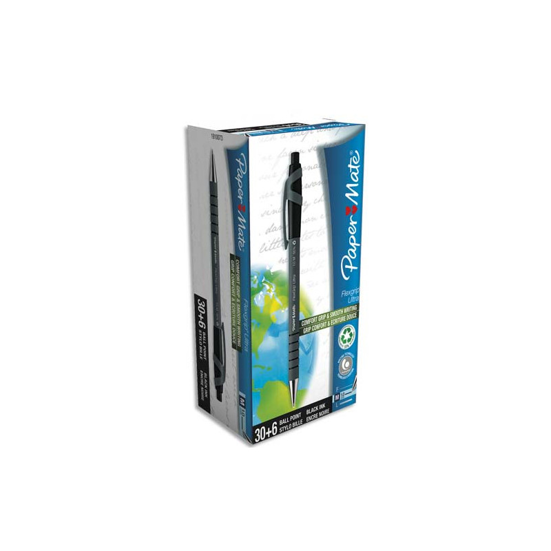 PAPERMATE Pack de 30+6 Stylo à bille pointe moyenne rétractable corps caoutchouc FLEXGRIP Noir