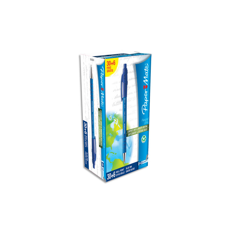 PAPERMATE Pack de 30+6 Stylo à bille pointe moyenne rétractable corps caoutchouc FLEXGRIP Bleu