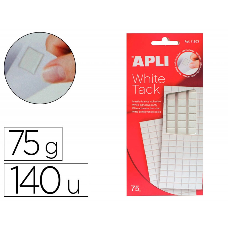 Pâte adhésive apli tack blanche pré-découpée en carrés enlevable réutilisable supporte jusqu'à 75g pack 102 unités