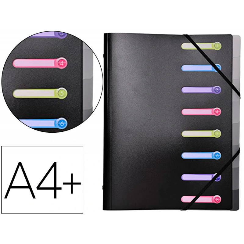 Trieur exacompta 3 rabats polypropylène a4+ 8 compartiments fenêtres fermeture élastique coloris noir