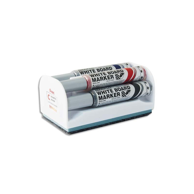 PENTEL Set brosse magnétique + 4 marqueurs pte large assortis pour tableau Blanc. Dim brosse : 13x6x7,5cm