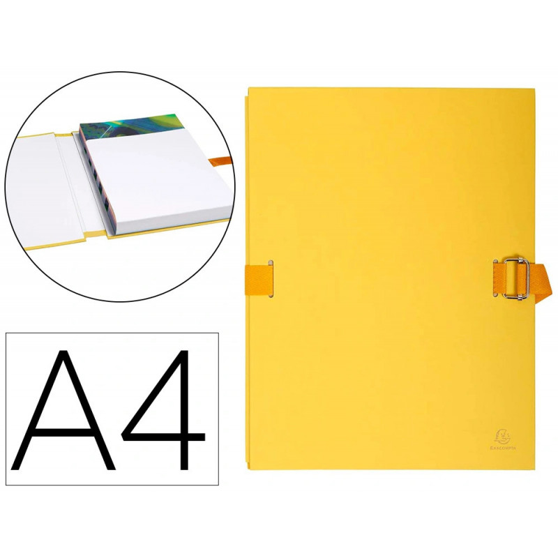 Chemise exacompta rabat en pied carton recouvert a4 23x32cm dos extensible 13cm sangle boucle coloris jaune