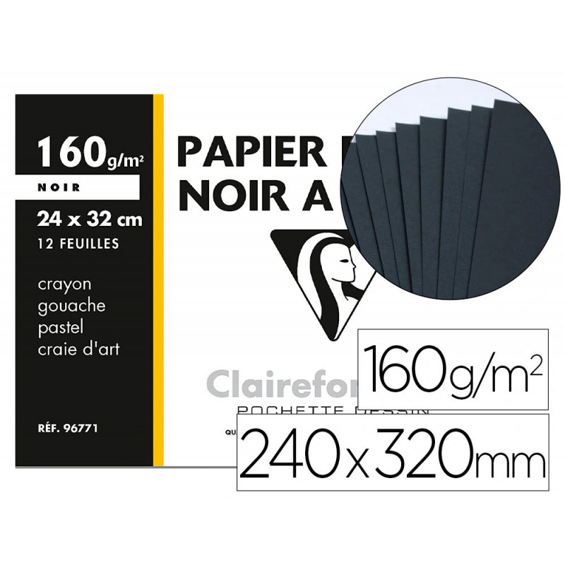 Papier dessin clairefontaine mi-teinte noir grain moyen a4+ 24x32cm crayon gouache pastel craie art pochette 12 feuilles