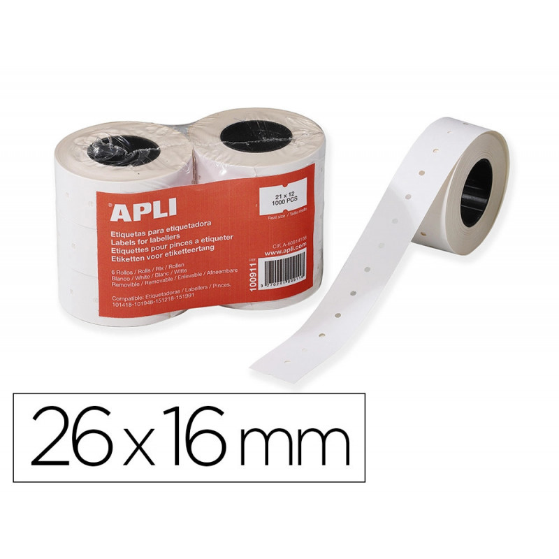Étiquette adhésive apli agipa pour pince enlevable format 26x16mm coloris blanc rouleau 1000 unités lot de 6