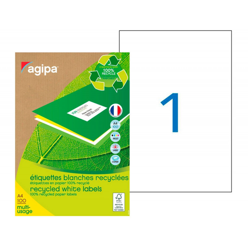 Étiquette adhésive apli agipa multi-usage recyclée permanente coins droits 210x297mm boîte 100 unités