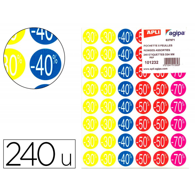 Étiquette adhésive apli pré-imprimée remise -30% -40% -50% -70% permanente coloris assortis 240 pastilles