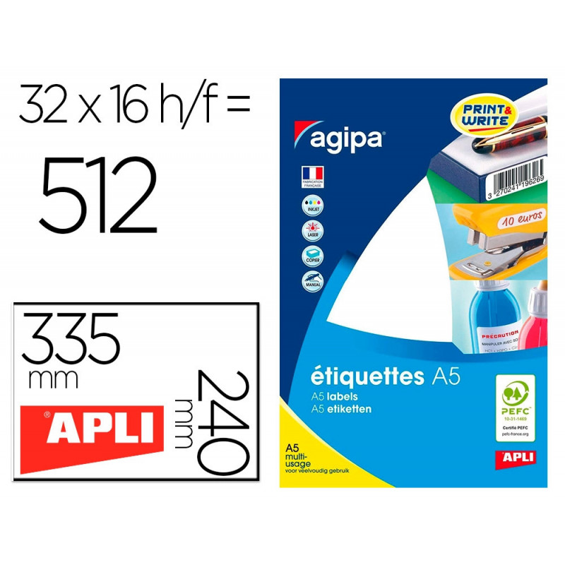 Étiquette adhésive apli agipa multi-usage permanente 240x335mm toute imprimante coins arrondis étui 512 unités