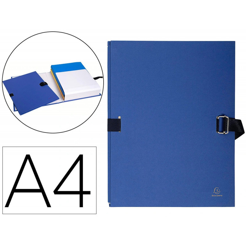 Chemise exacompta rabat en pied carton recouvert a4 23x32cm dos extensible 13cm sangle boucle coloris bleu foncé