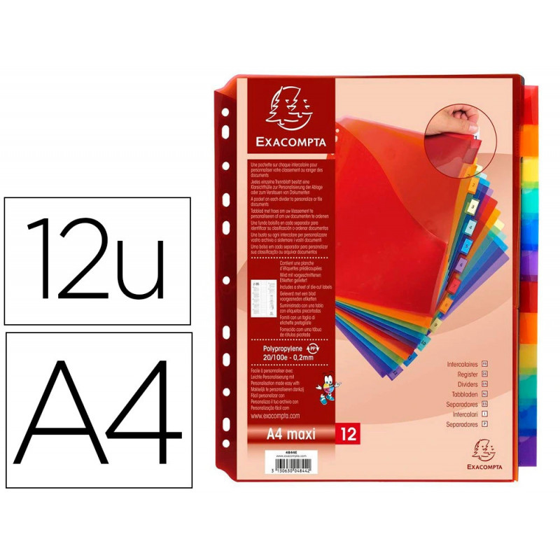 Intercalaire exacompta polypropylène 20/100e 12 touches a4+ personnalisable avec pochettes étiquettes coloris assortis