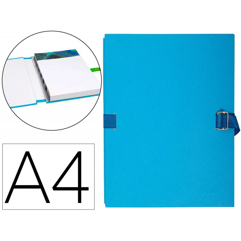Chemise exacompta rabat en pied carton recouvert a4 23x32cm dos extensible 13cm sangle boucle coloris bleu clair