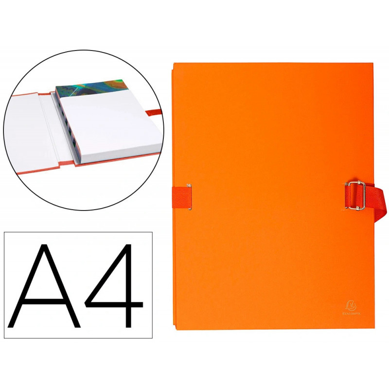Chemise exacompta rabat en pied carton recouvert a4 23x32cm dos extensible 13cm sangle boucle coloris orange