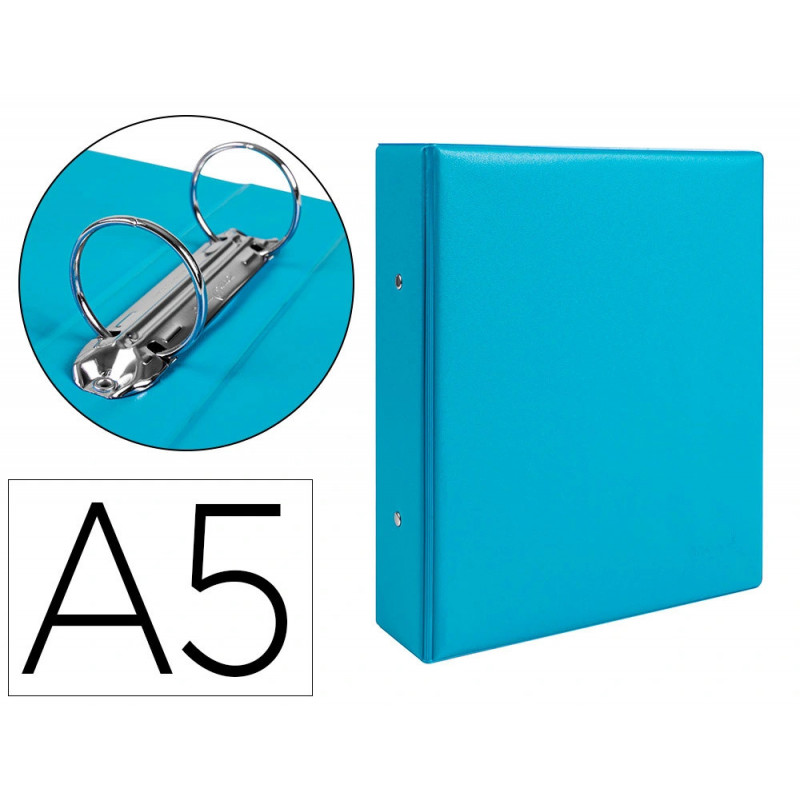 Classeur liderpapel 2 anneaux ronds 40mm a5 carton rembordé pvc coloris bleu ciel