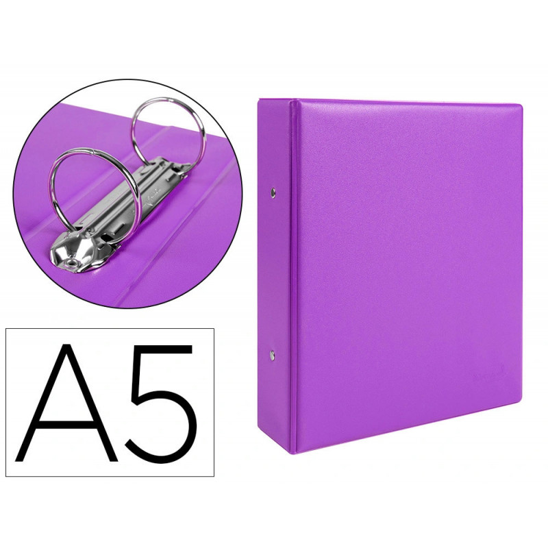 Classeur liderpapel 2 anneaux ronds 40mm a5 carton rembordé pvc coloris violet