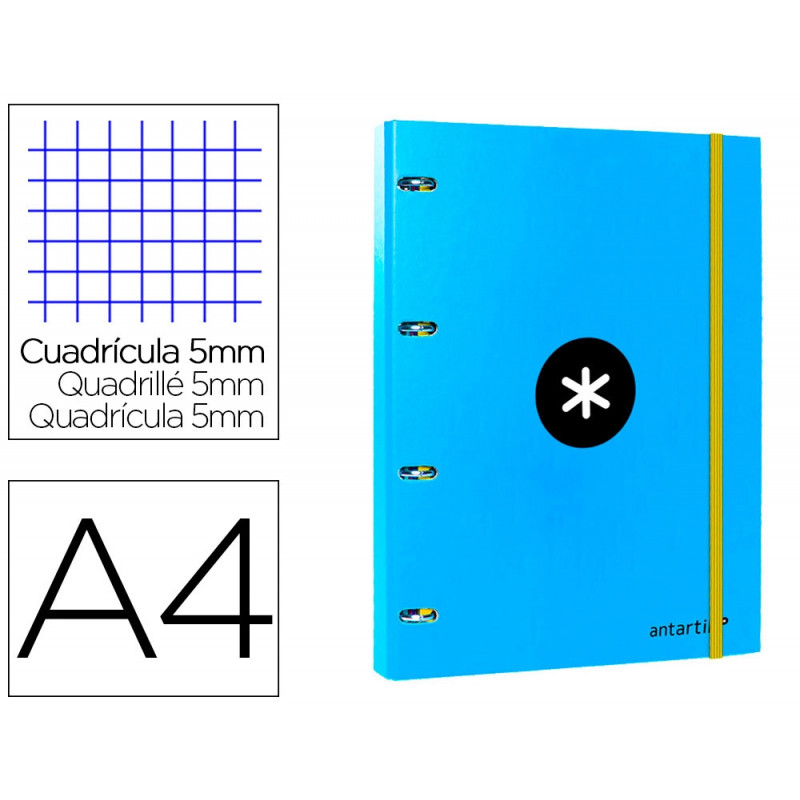 Classeur antartik 4 anneaux ronds 25mm a4 carton rembordé feuillets mobiles quadrillage 5mm coloris bleu