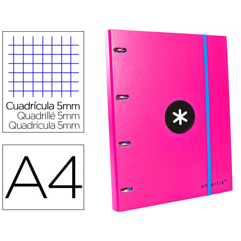 Classeur antartik 4 anneaux ronds 25mm a4 carton rembordé feuillets mobiles quadrillage 5mm coloris rose