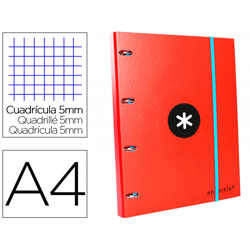 Classeur antartik 4 anneaux ronds 25mm a4 carton rembordé feuillets mobiles quadrillage 5mm coloris rouge