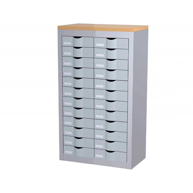 Meuble tiroirs paperflow 2 colonnes 24 tiroirs polystyrene gris plateau melamine hetre etiquettes