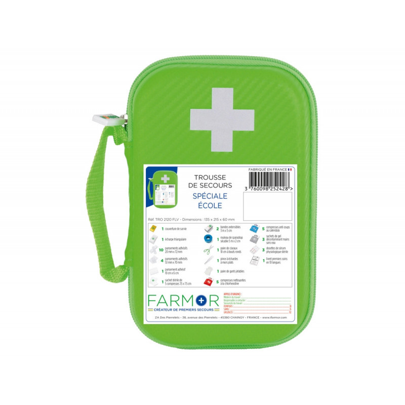 Trousse de secours spéciale école centre aéré fermeture zip 6 compartiments 2 accroches ceinture contenance 77 pièces