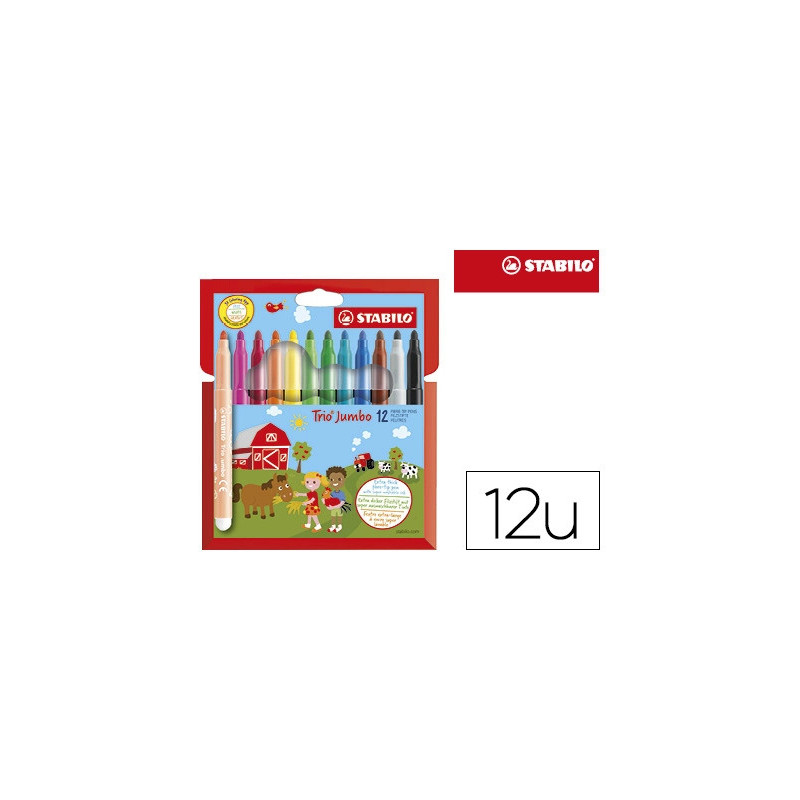 Feutre coloriage stabilo trio jumbo pointe xxl bloquée grip triangulaire couleurs assorties étui carton 12 unités