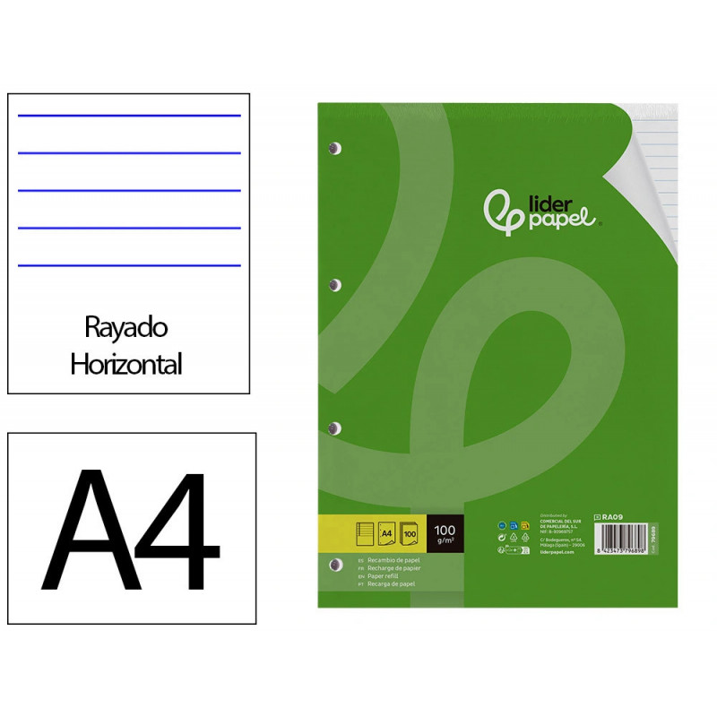 Bloc-notes liderpapel 100 feuilles encollées 100g a4 100 g/m2 ligné horizontal marge 4 trous