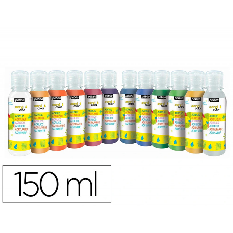 Gouache acrylique pebeo acrylcolor tous supports coloris assortis pailletes lot 12 flacons x 150ml
