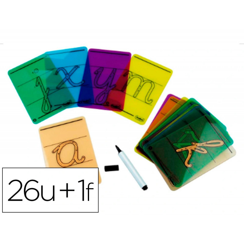 Carte lettres a tracer majuscules plastique translucide lavable 160x90mm 26 unites + 1 feutre